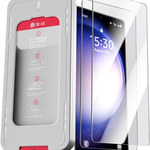 X-it 2-pack screen protector compatible with Samsung Galaxy S25, 100% fingerprint unlock, 9H+ tempered glass, automatic dust removal, military-grade protection, bubble-free